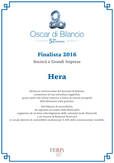 Hera finalista all'Oscar di Bilancio 2016